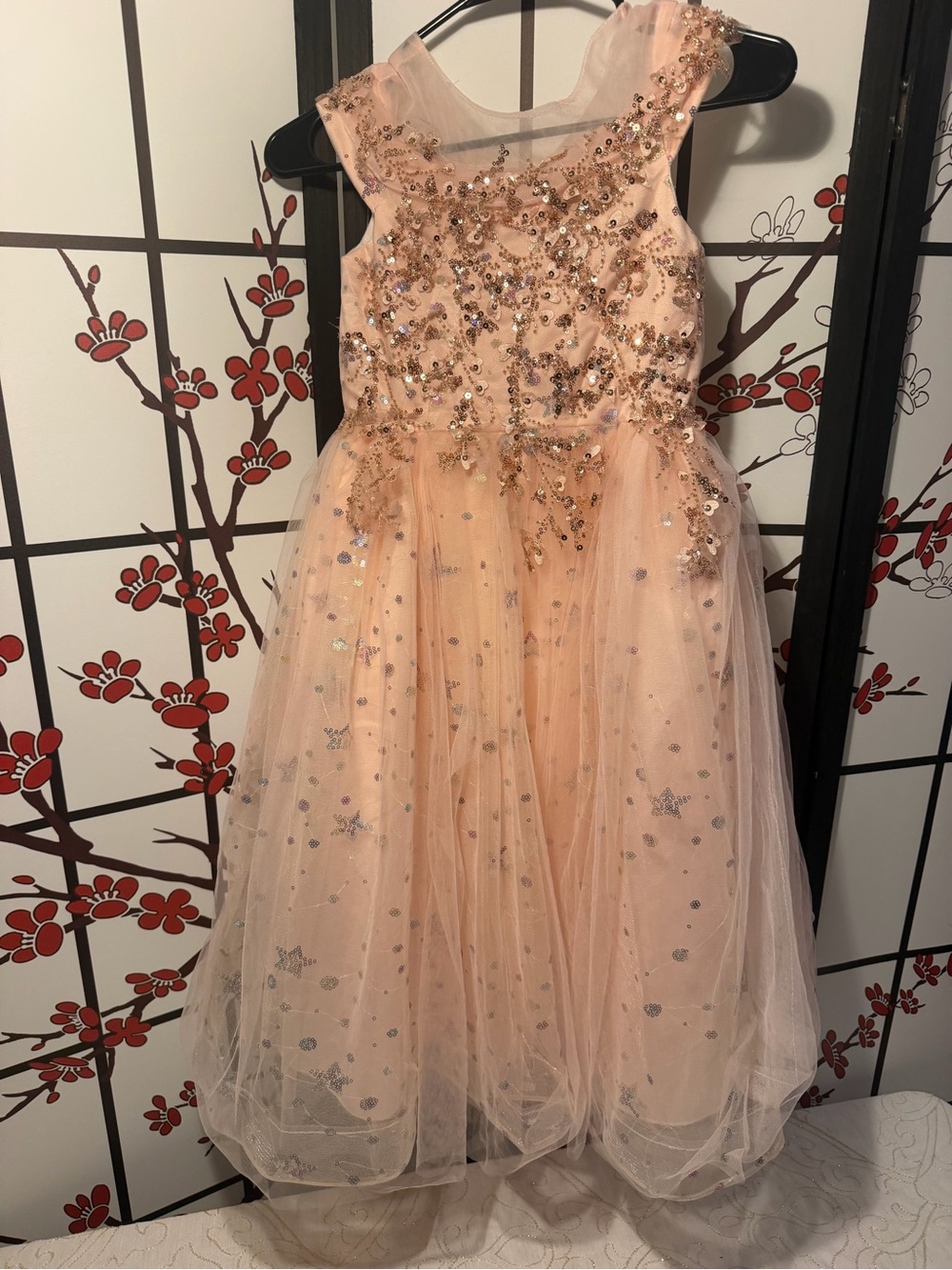 Girls Peach Sequin Tulle Party Dress